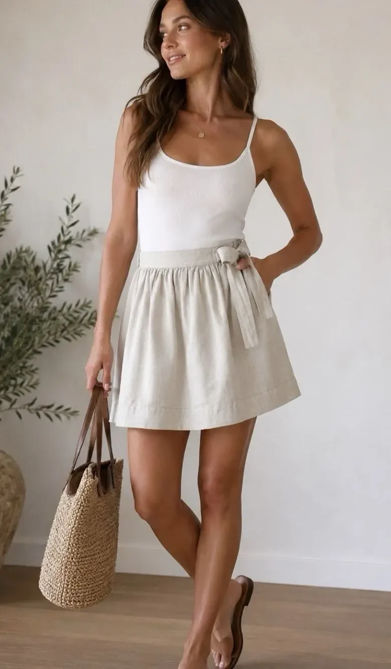 J. Crew Linen Cotton Tie Waist A-Line Skirt Oatmeal Beige 4 Lined Summer Coastal